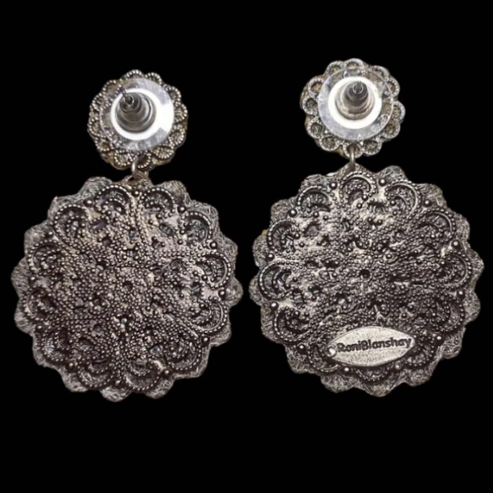 Roni Blanshay Medium Circle Drop Earrings Swarovski Crystal Metal Lace Signed